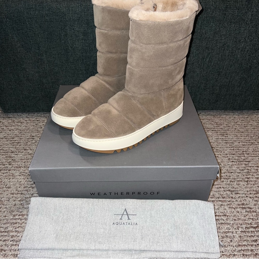 AQUATALIA ALCEE SUEDE FUR WEATHERPROOF TAN BROWN BOOTS NEW SIZE 9.5